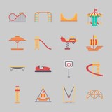 Icons about Amusement Park with sunshade, roller coaster, carousel, pirate ship ride , jumping flore and basketball