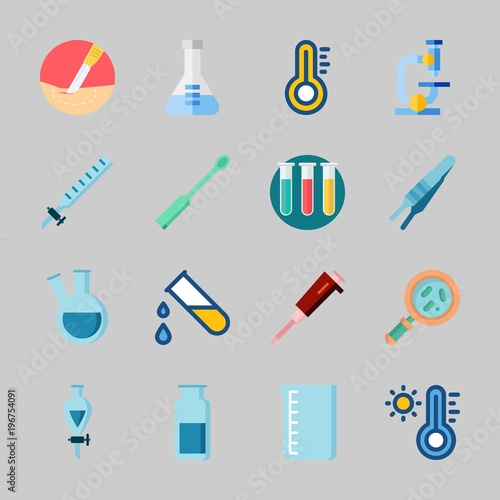 Icons about Laboratory with gas jar, test tubes, flask, beaker, condenser and microscope