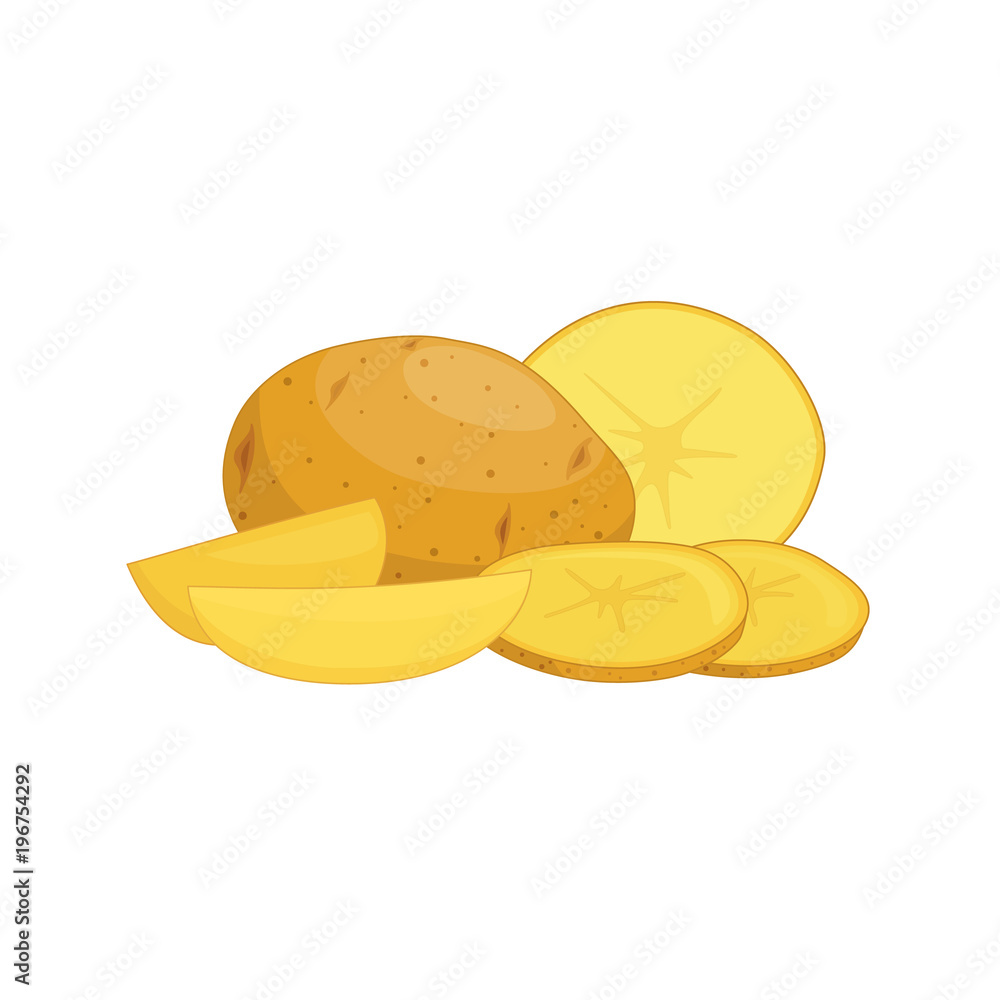 Vector potatoes. Whole and sliced tubers isolated on white background. Composition of several potatoes. Vector potatoes. Whole and sliced tubers isolated on white background. Composition of several potatoes.