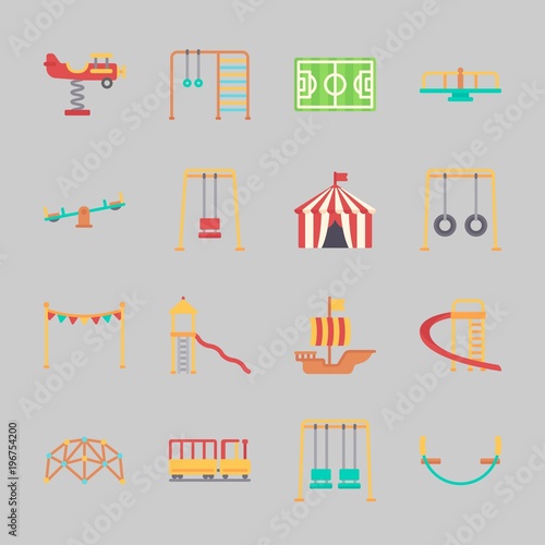 Icons about Amusement Park with slide, sailing boat, swing , game zone, soccer field and climb