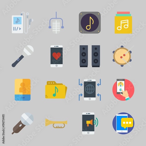 Icons about Music with trumpet, music folder, speaker, music album, smartphone and announcer