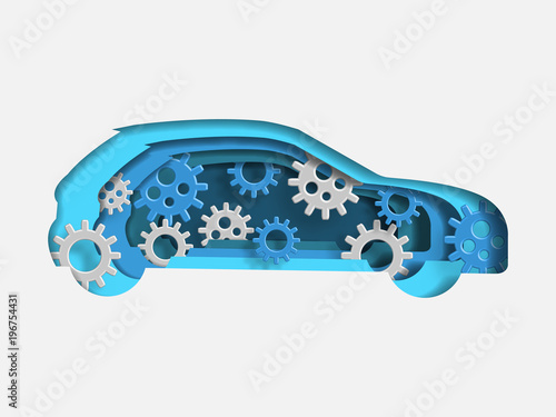 Curvilinear form of car containing the set of gears. Volumetric multilevel cut from a paper of car. Business concept of travelling. Creative idea. Technology background. Vector illustration.