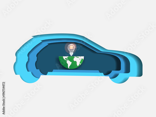Curvilinear form of car containing wireframe lightbulb and green earth. Volumetric multilevel cut from a paper of car. Business concept of eco system and environmental saving. Creative idea. 