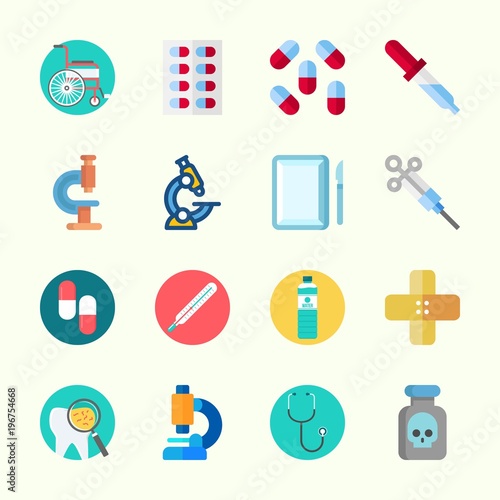 Icons about Medical with stethoscope, pipette, pill, poison, water and band aid
