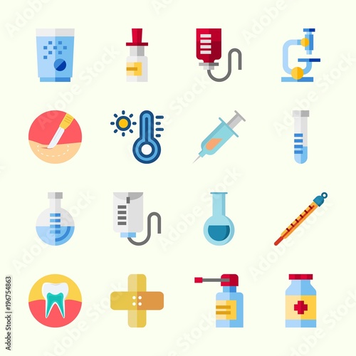 Icons about Medical with band aid, teeth, surgery, thermometer, test tube and spray
