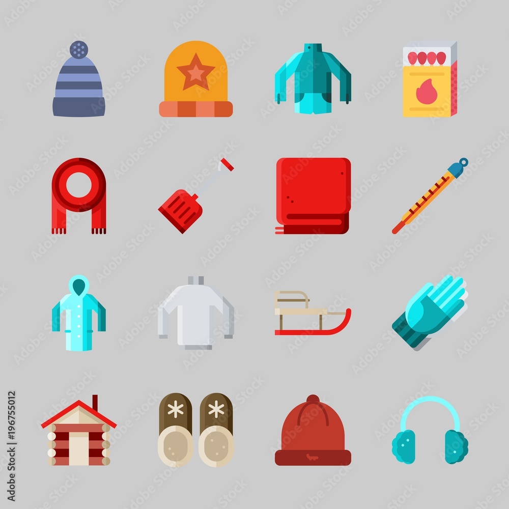 Icons about Winter with rain coat, matches, gloves, shovel, thermometer and sleigh Icons about Winter with rain coat, matches, gloves, shovel, thermometer and sleigh