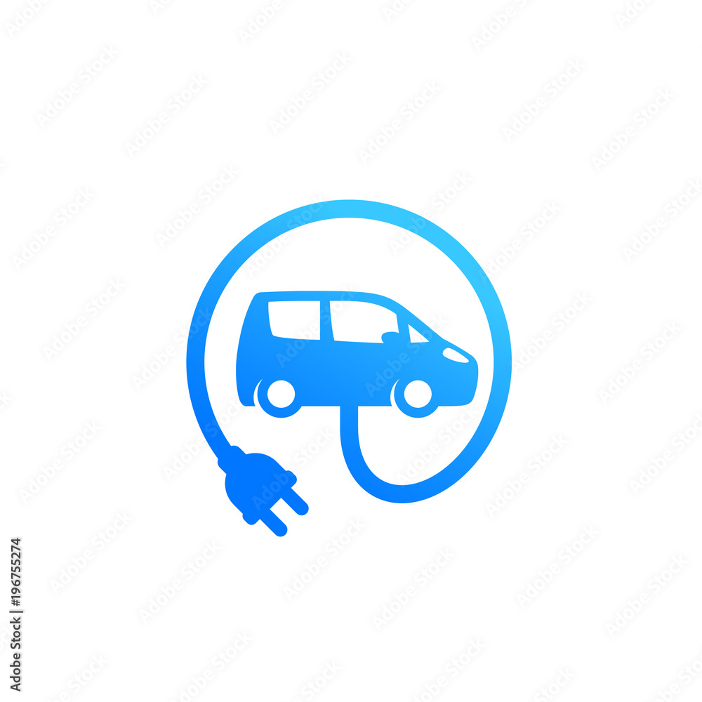 electric car with plug. EV icon on white electric car with plug. EV icon on white