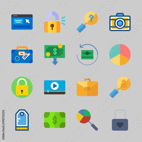 Icons about Commerce with photo camera, suitcase, money, search, pie chart and padlock