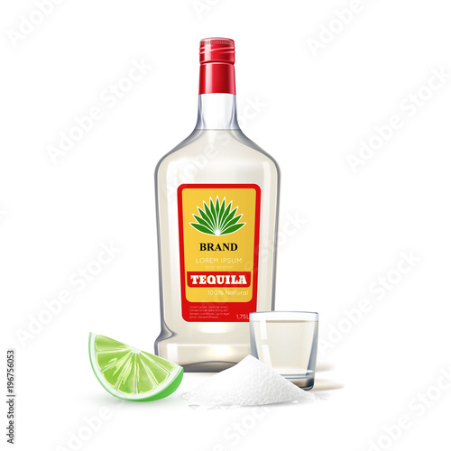 Vector Realistic tequila bottle shot lime salt