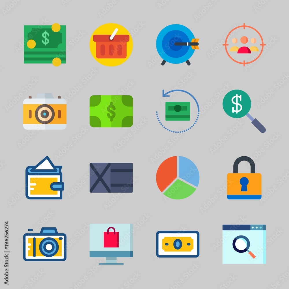 Icons about Commerce with pie chart, online shop, shopping basket, money, padlock and search Icons about Commerce with pie chart, online shop, shopping basket, money, padlock and search