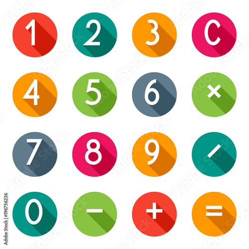 Calculator buttons in flat design, numbers with long shadow, vector illustration.