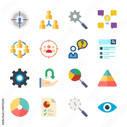 icon Marketing with pyramid, teamwork, search, vision and receive