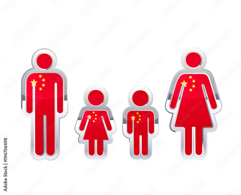 Glossy metal badge icon in man, woman and childrens shapes with China flag, infographic element on white Glossy metal badge icon in man, woman and childrens shapes with China flag, infographic element on white