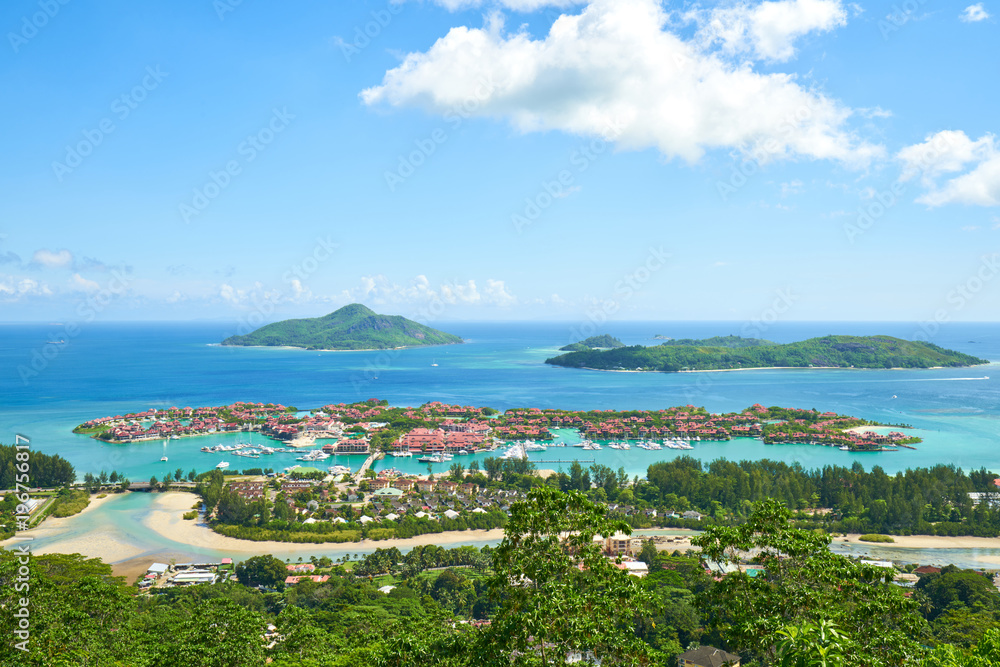Panoramic view of Victoria and Eden Islands, Mahe, Seychelles
