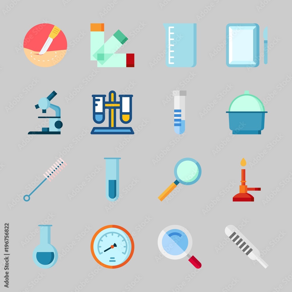 Icons about Laboratory with loupe, beaker, microscope, test tube, velocity and thermometer Icons about Laboratory with loupe, beaker, microscope, test tube, velocity and thermometer