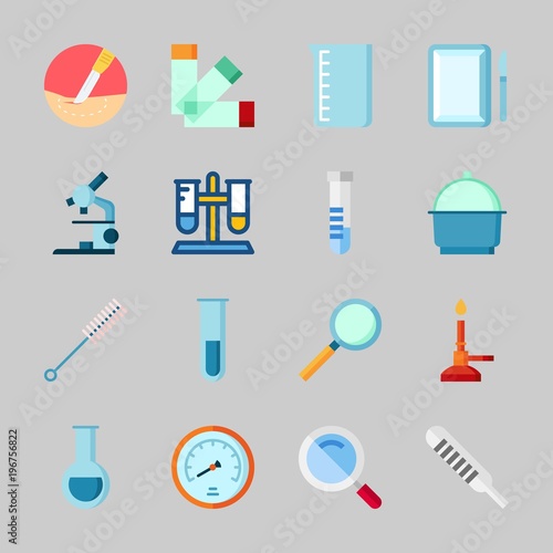 Icons about Laboratory with loupe, beaker, microscope, test tube, velocity and thermometer