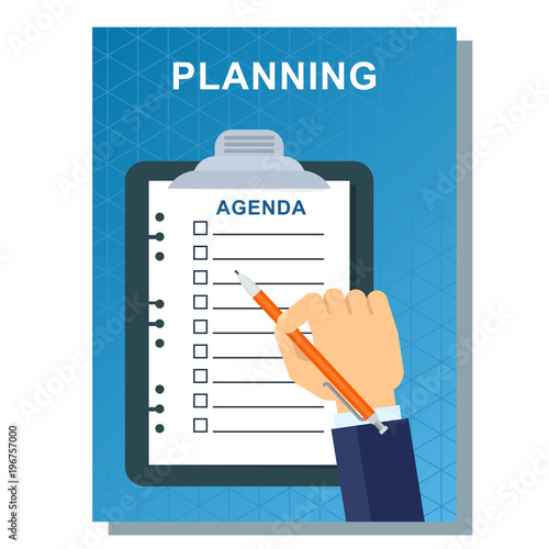Planning and agenda concept in business poster design. Flat vector cartoon illustration. Objects on blue background.