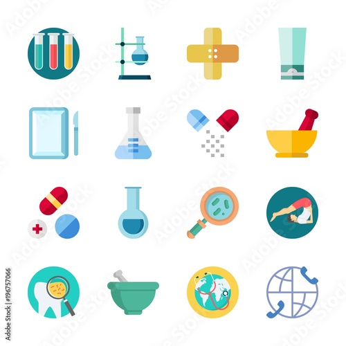 icon Medical with test tubes, pills, mortar, cream and loupe