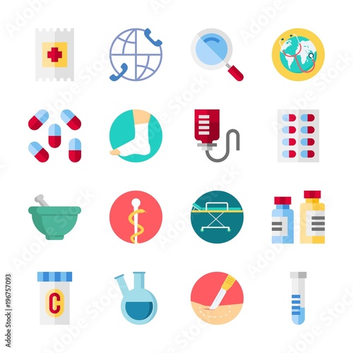 icon Medical with medicine, worldwide, mortar, band aid and surgery