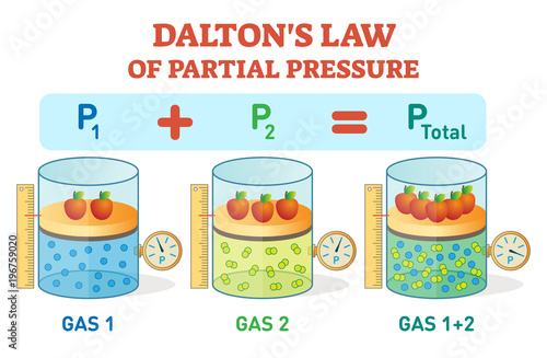Dalton's law, chemical physics example information poster with partial pressure law.Educational vector illustration.