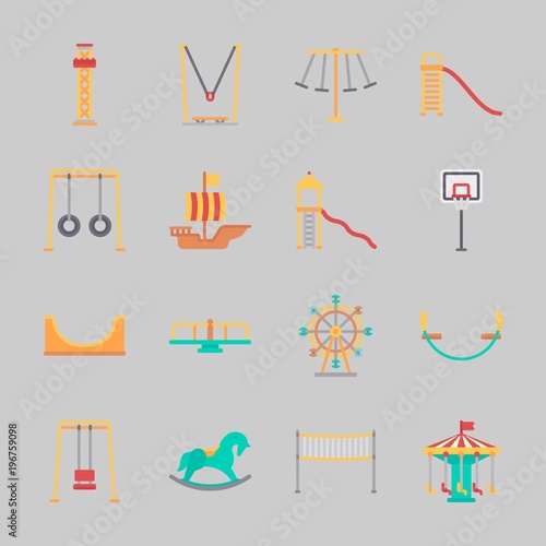 Icons about Amusement Park with carrousel, flambards experience, basketball, swing , slide and ferris wheel