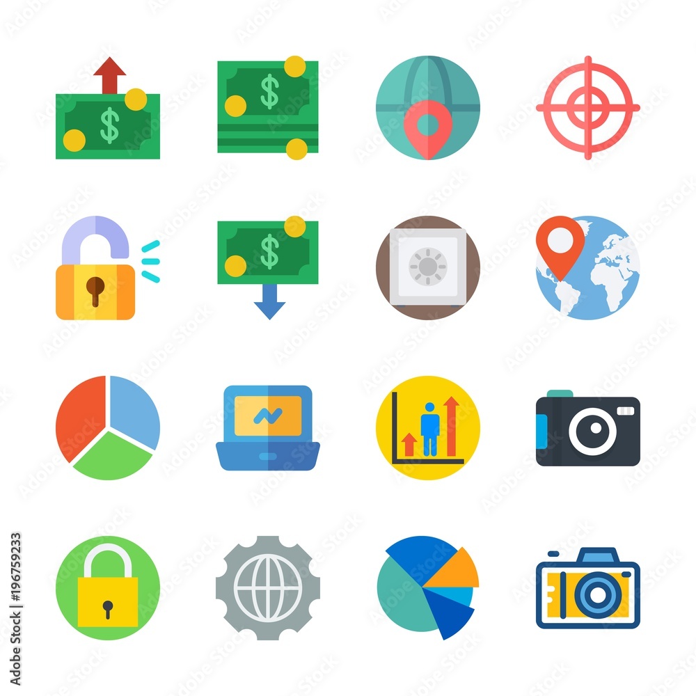 Fototapeta premium icon Digital Marketing with profits, pie chart, settings, laptop and money