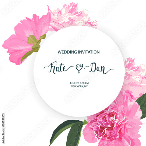 Wedding invitation with peonies, invite save the date, party, business, birthday, floral card. Vector illustration. Template for wedding, Easter, celebration