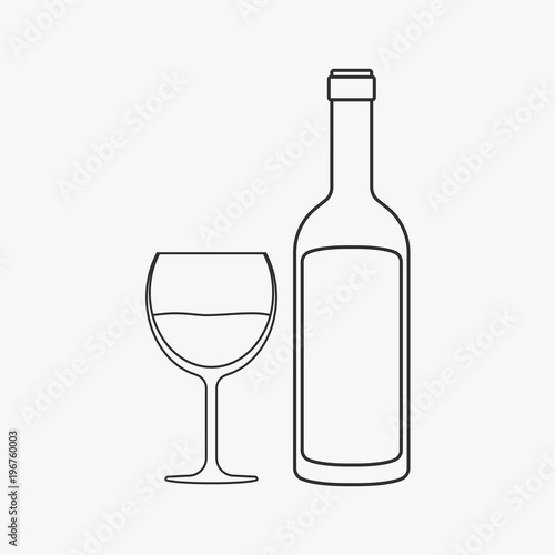 Wine bottle & glass flat black outline design icon