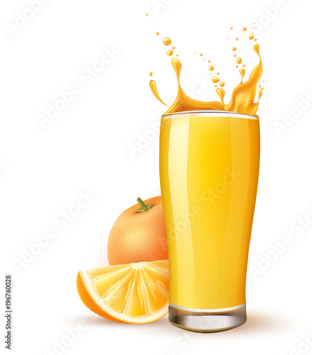Realistic orange juice glass, orange fruit slice