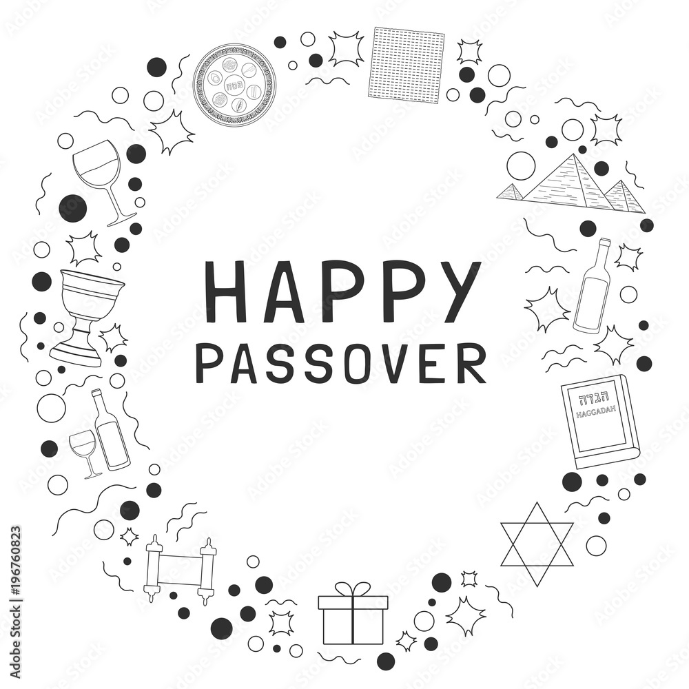 Obraz premium Frame with Passover holiday flat design black thin line icons with text in english
