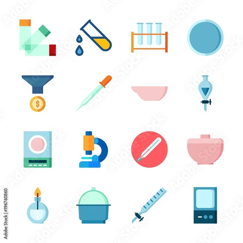 icon Laboratory with watch glass, test tube, dropper, funnel and measuring