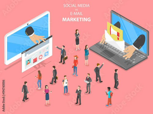 Social media vs e-mail marketing flat isometric vector. Two devices with different digital marketing way are trying to capture the attention of the crowd of people.