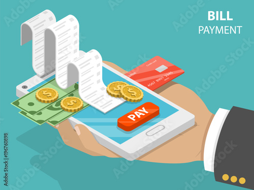 Bill payment flat isometric vector concept of mobile payment, shoping, banking.