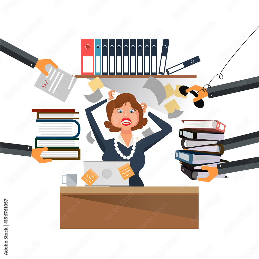 Illustrazione Stock Very busy business woman working hard on her desk in  office with a lot of paper work | Adobe Stock