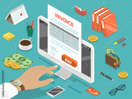 Invoice flat isometric vector concept of online payment, shopping, banking, accounting, tax