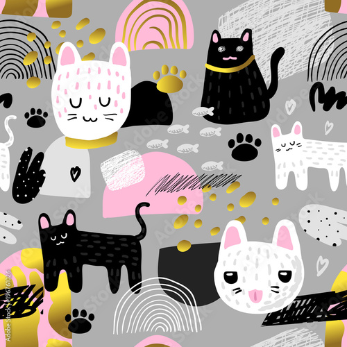 Cute Cats Seamless Pattern. Childish Background with Kitten and Abstract Elements. Baby Freehand Design for Fabric, Textile, Wallpaper, Wrapping. Vector illustration