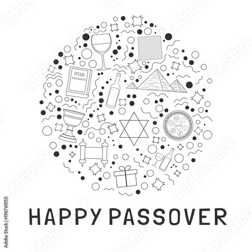 Passover holiday flat design black thin line icons set in round shape with text in english