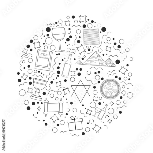 Passover holiday flat design black thin line icons set in round shape