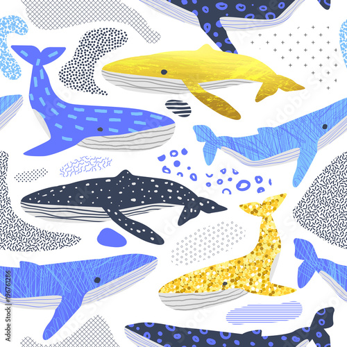 Cute Whales Seamless Pattern