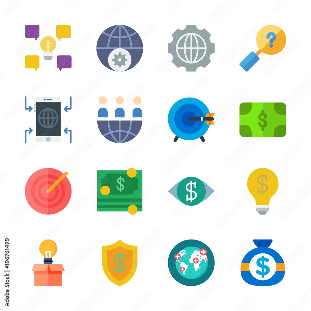Fototapeta premium icon Marketing with worldwide, money, vision, internet and settings