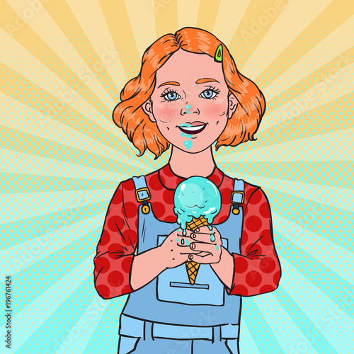 Pop Art Little Girl Eating Tasty Ice Cream. Cute Happy Child Tastes Cold Cone Dessert. Vector illustration