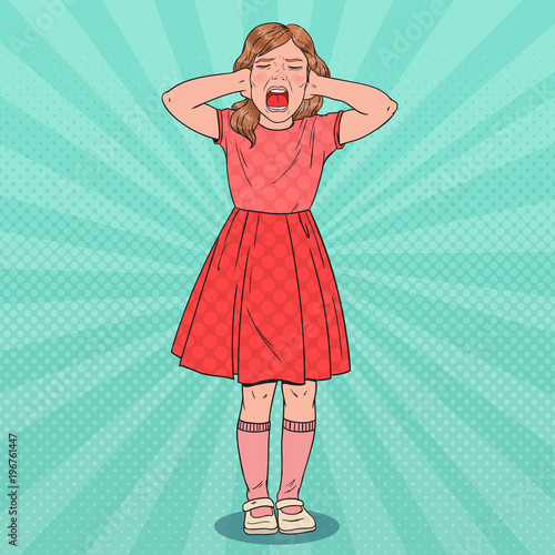 Pop Art Little Girl Screaming. Aggressive Child. Kid Emotional Facial Expression. Vector illustration
