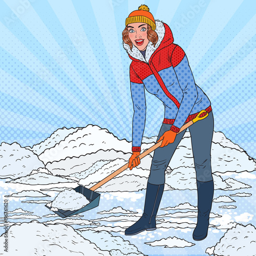 Pop Art Pretty Woman Clearing Snow with Shovel. Winter Snowfall. Vector illustration