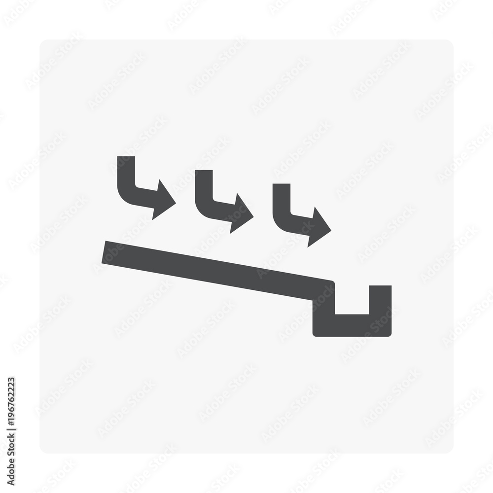 Rain gutter vector icon. Also called eavestrough, eaves-shoot or surface water collection channel. Include arrow of roof slope direction for rainwater discharge and drainage system of home or building Rain gutter vector icon. Also called eavestrough, eaves-shoot or surface water collection channel. Include arrow of roof slope direction for rainwater discharge and drainage system of home or building