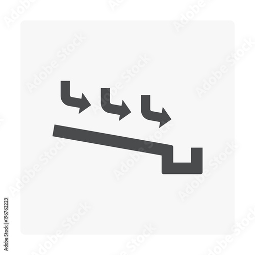 Rain gutter vector icon. Also called eavestrough, eaves-shoot or surface water collection channel. Include arrow of roof slope direction for rainwater discharge and drainage system of home or building