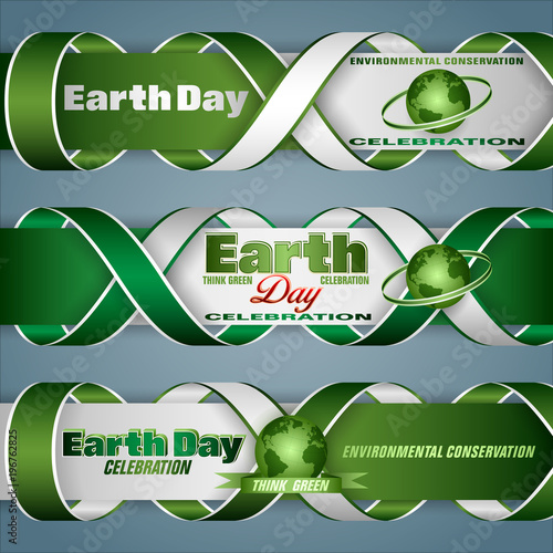 Set of banners background, design with texts and green Earth globe for Earth day celebration; Vector illustration