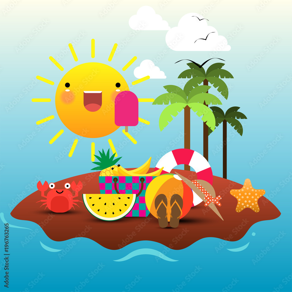 Naklejka premium Summer concept. Flat icons with place for text. Vector illustration
