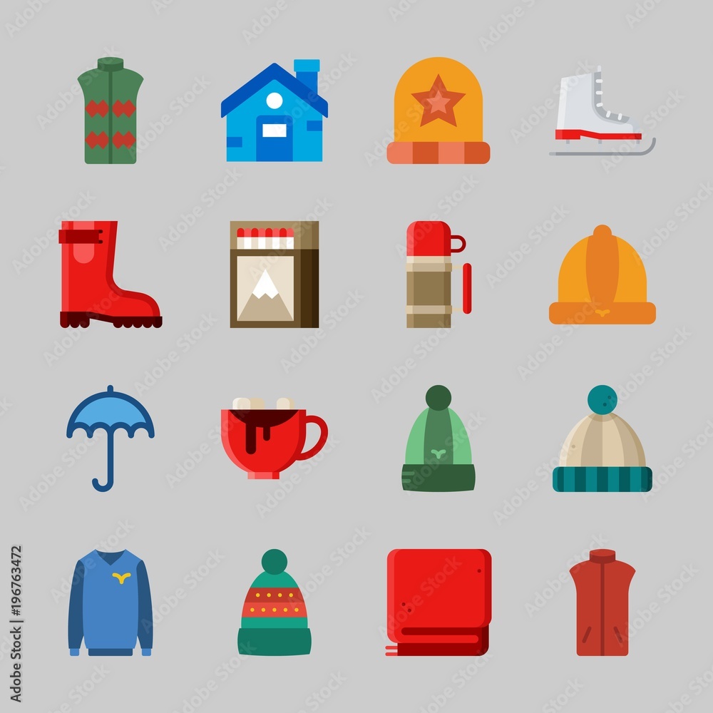 Icons about Winter with sweater, umbrella, matches, winter hat, hot chocolate and thermo Icons about Winter with sweater, umbrella, matches, winter hat, hot chocolate and thermo