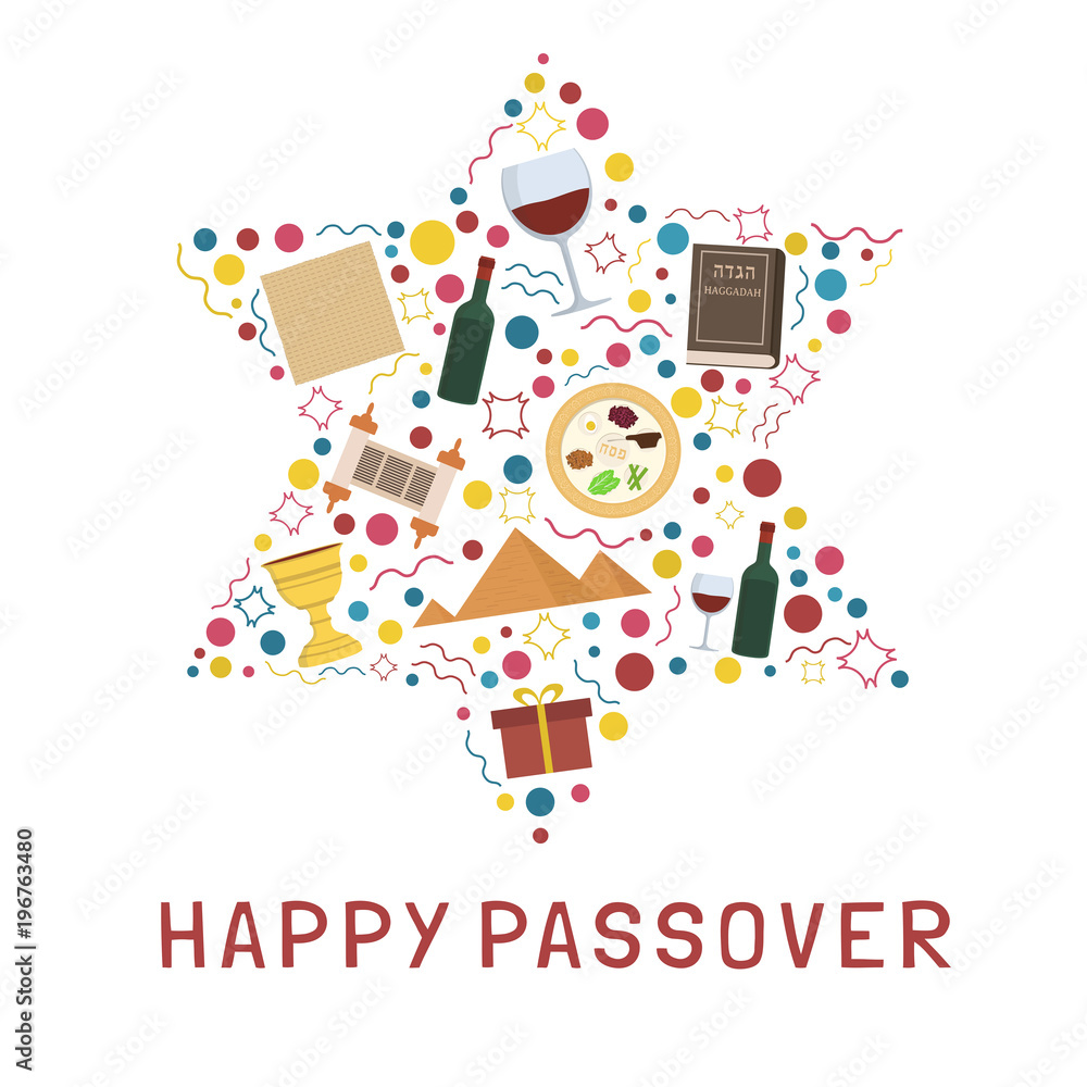 Passover holiday flat design icons set in star of david shape with text in english