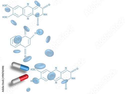 Medicines and blood cells on chemistry formula as background represent medical and health care concept. Technology Background. Vector Illustration.